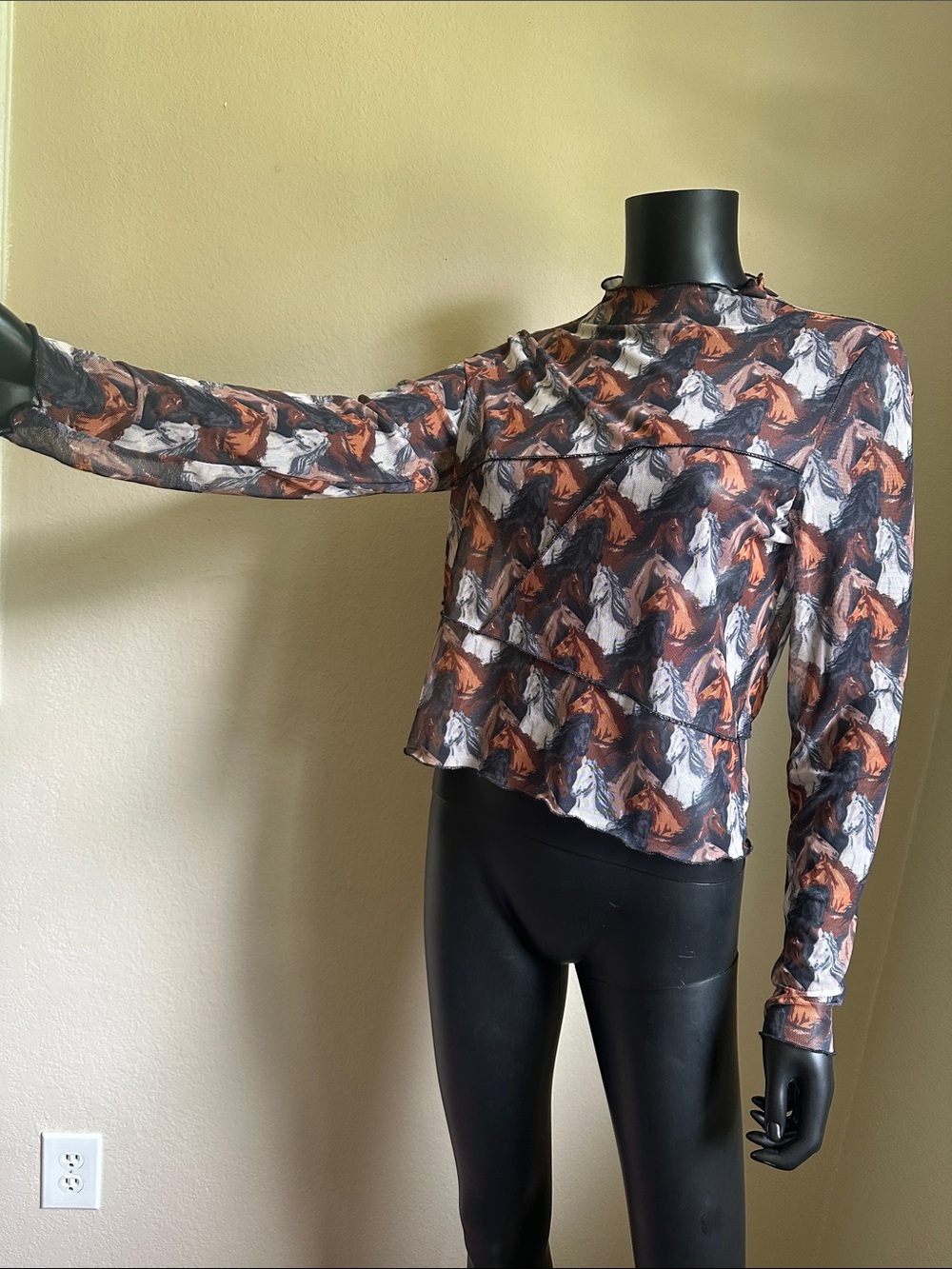 Sheer Horse-Print Long Sleeve Top - Brown/Black/White - Picture 4 of 11
